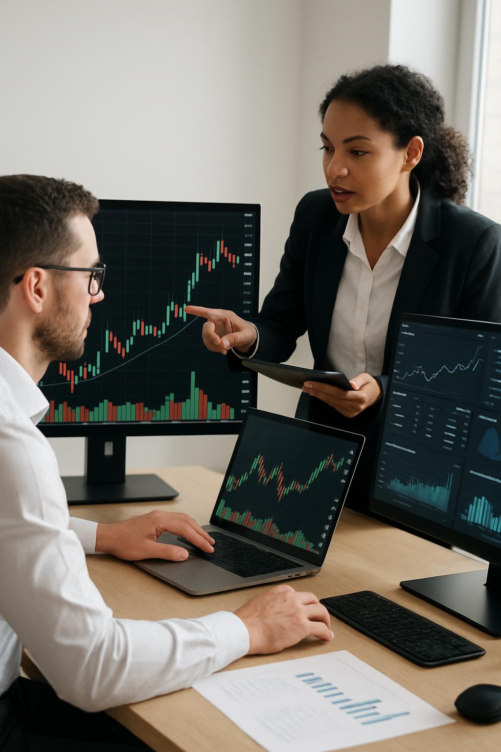 two people in an office, possibly a business or finance setting, illustrating a business concept or data point.